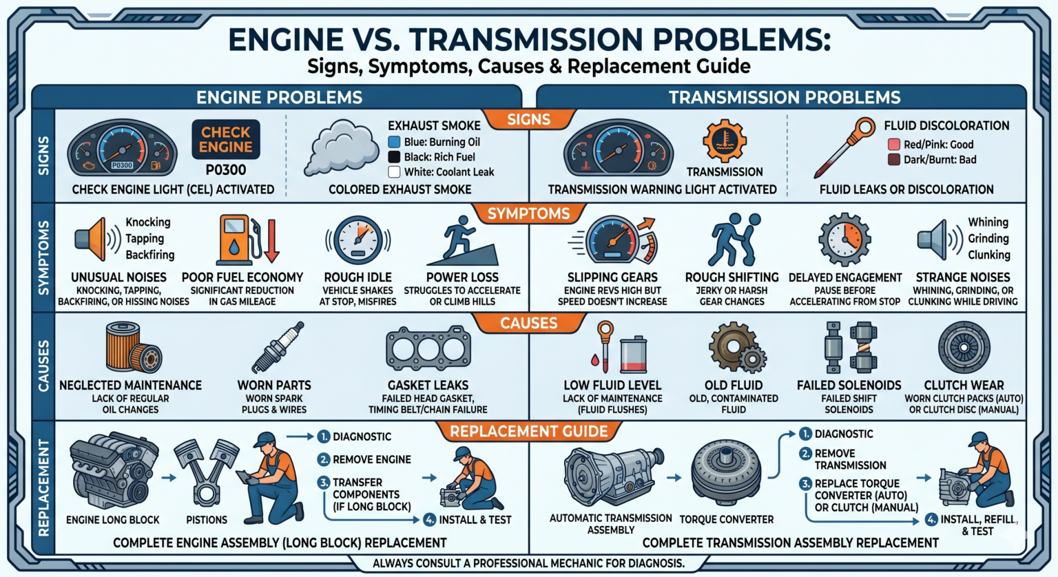 Engine vs Transmission Problems: Signs, Symptoms, Causes & Replacement ...
